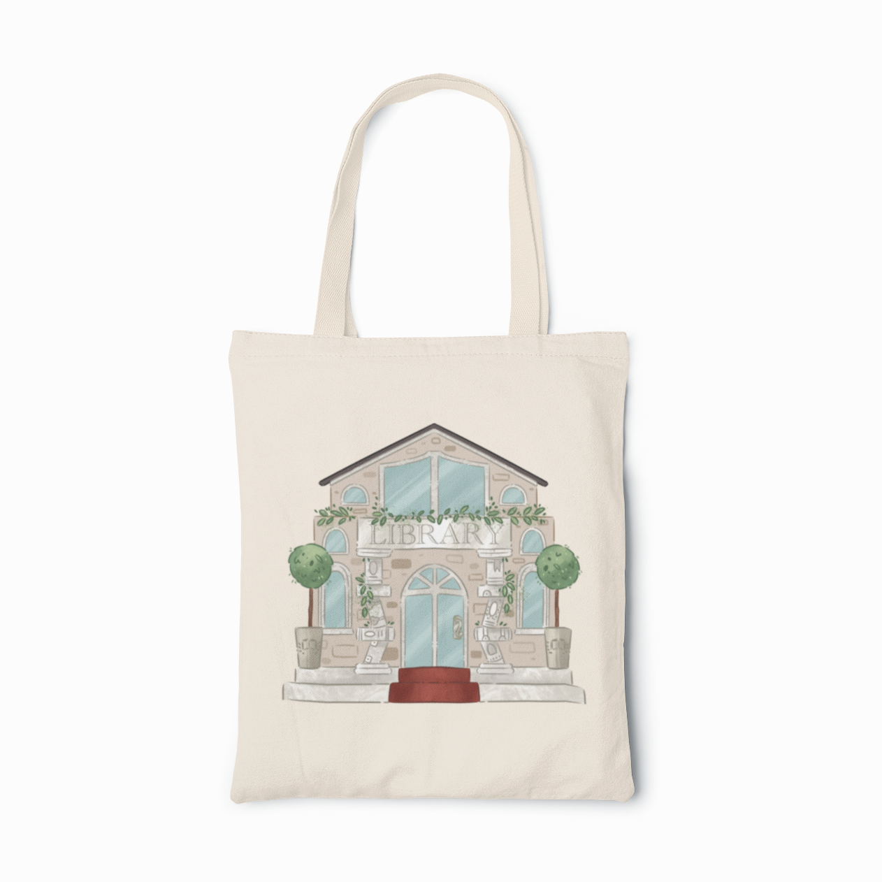 Tote bag with apublic library design on a white background