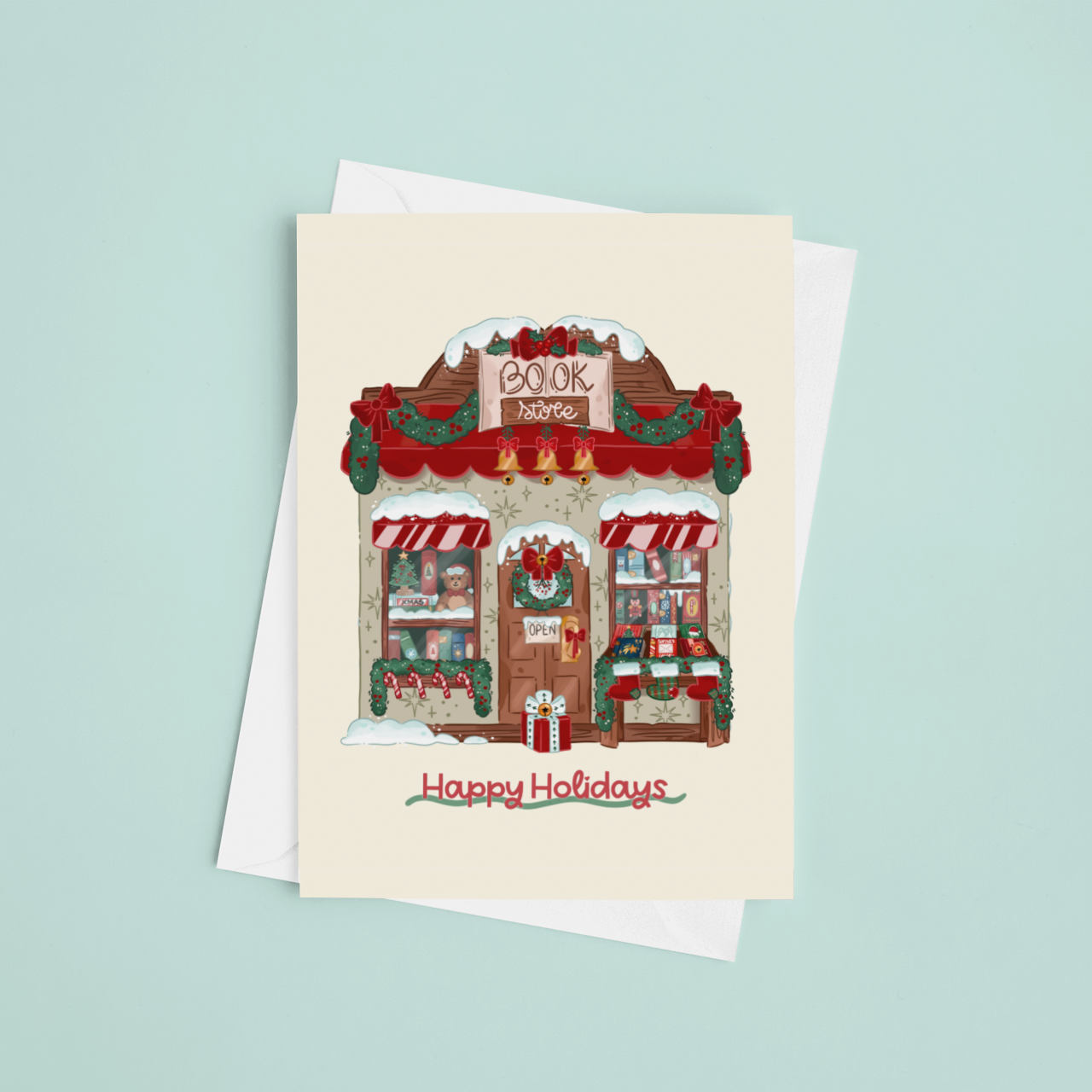 Christmas-themed greeting card with a store illustration on a light blue background