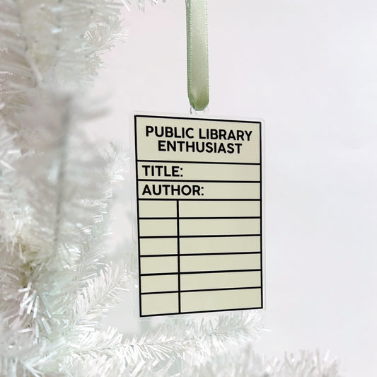 ornament labeled 'Public Library Enthusiast' on a white textured background