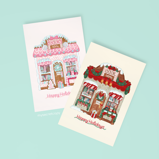 Two Christmas-themed greeting cards with gingerbread houses on a light blue background