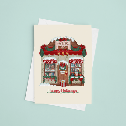 Christmas-themed greeting card with a store illustration on a light blue background